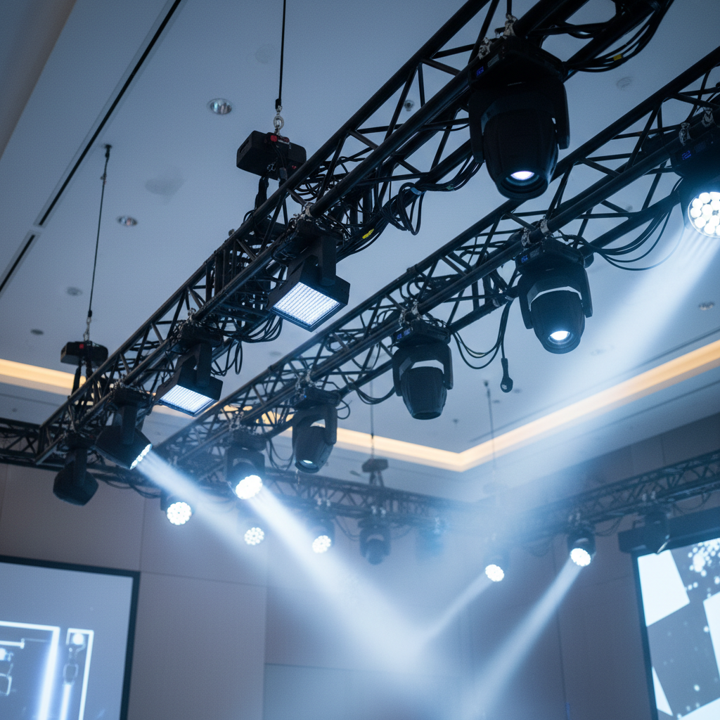 A photographic close-up of a professional lighting rig suspended above a corporate event stage. Black aluminum truss spans the upper frame, supporting an array of intelligent moving head fixtures, LED wash lights, and precise spotlights, all wired with neatly secured black cabling. Some fixtures emit subtle test beams of soft blue and white light through a light haze, creating visible shafts that converge toward the unseen stage below. The background reveals a hint of ceiling architecture and partially blurred projection screens. Shot from a low angle, the composition emphasizes technical sophistication and engineering detail, with crisp, high-contrast lighting and a modern, industrial yet polished mood tailored to corporate production.