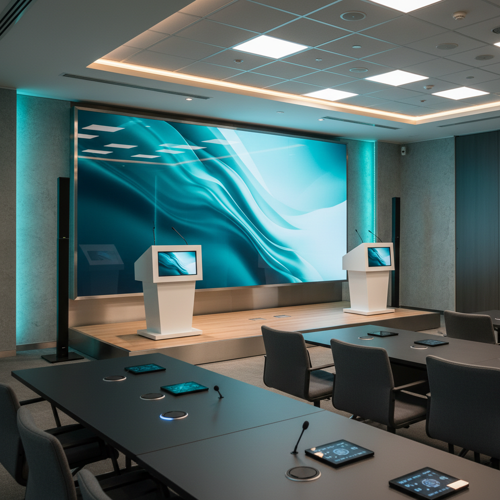 A sleek, photographic scene of a modern corporate breakout room configured for a professional presentation. A compact stage platform holds two minimalist lecterns and a large, frameless projection screen displaying abstract gradients without text. Slim column speakers stand symmetrically on each side, and low-profile LED uplights wash the walls in subtle teal and soft white. Rectangular tables with dark surfaces and neatly aligned chairs fill the foreground, each table equipped with discrete boundary microphones and small control touch panels with unreadable interfaces. Even overhead lighting combines with gentle accent lighting to create an even, welcoming brightness. Captured from a front-corner perspective with moderate depth of field, the mood is organized, efficient, and technologically advanced, ideal for showcasing corporate AV capabilities.