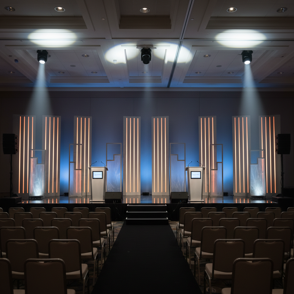 A dramatic, photographic shot of a medium-sized corporate awards stage in a hotel ballroom, captured from the back of the room along the center aisle. A polished black stage platform holds minimalist podiums and sleek confidence monitors, framed by vertical LED light columns and subtle geometric set pieces. Warm amber side lighting and cool blue backlighting blend to create depth, while discreet spotlights form crisp pools of white light on stage. Compact line-array speakers and subwoofers are seamlessly integrated into the design. The audience chairs are empty, emphasizing the pristine readiness of the setup. The composition uses leading lines and sharp focus, projecting a professional, premium, and event-ready atmosphere.