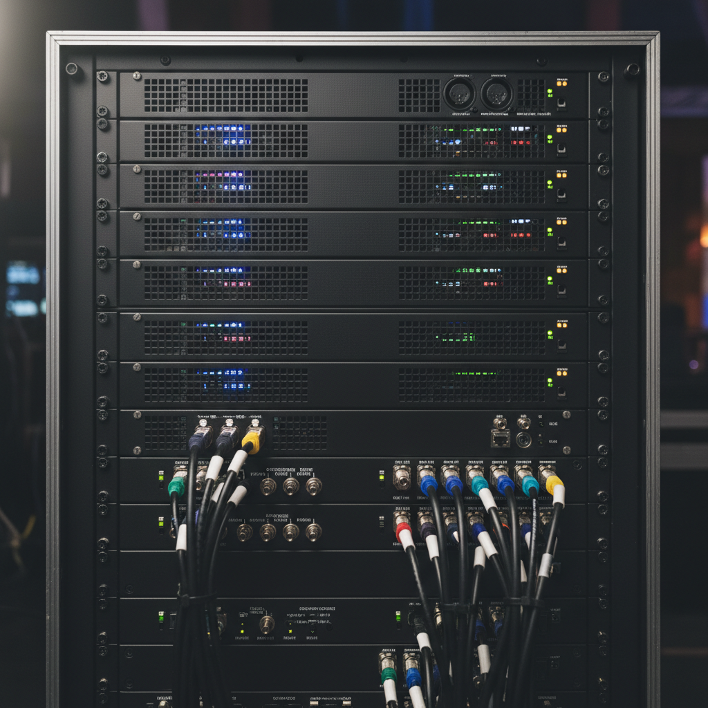 A moody, photographic detail shot of a professional rack of audio and video processing gear backstage at a corporate event. Black rack-mounted equipment fills the frame, featuring illuminated LED meters, status indicators, and cooling vents, all without legible branding or text. Coaxial and network cables are carefully bundled and labeled, feeding into neatly arranged rear panels. A soft, directional light from the top left creates subtle reflections on brushed metal surfaces and casts gentle shadows between the units. The background falls into deep blur and darkness, suggesting an active, high-tech environment beyond. Shot straight-on with a medium depth of field, the atmosphere feels precise, technical, and expertly maintained, underscoring reliability and behind-the-scenes professionalism.