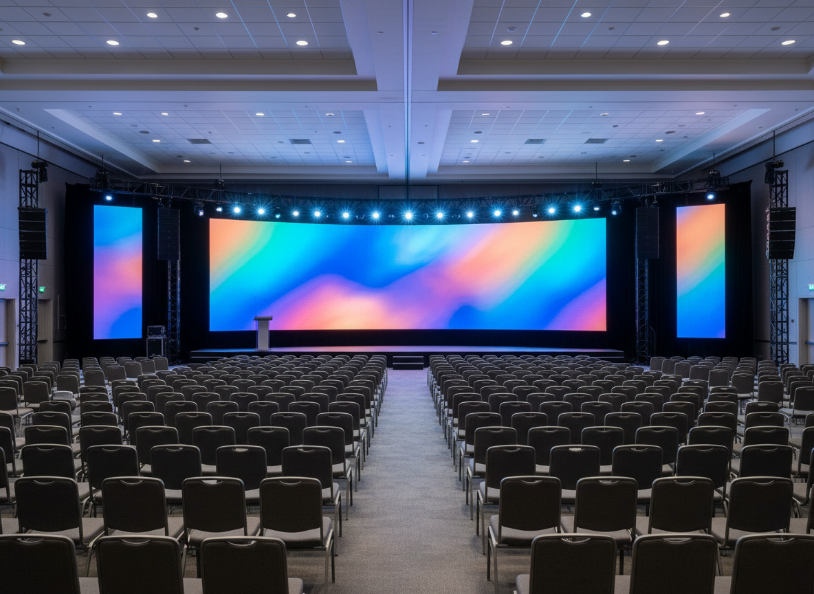 A wide, panoramic photographic view of a sophisticated corporate conference ballroom fully equipped for a keynote presentation. At the center, a large, ultra-wide LED video wall displays abstract, colorful gradients without any text, framed by sleek black truss structures holding intelligent moving head lights. Discreet line-array speakers flank the stage, and rows of neatly aligned, dark fabric chairs extend into the distance. Cool white overhead lighting blends with subtle blue and amber stage washes, creating a polished, professional atmosphere. Captured from a slightly elevated angle with sharp focus throughout, emphasizing the symmetry and technical precision of the audio, video, and lighting setup, in a clean, modern, realistic style suitable for a corporate events website.
