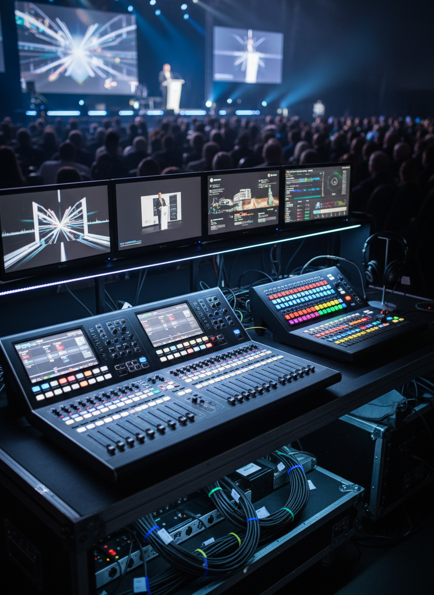 A close, photographic, three-quarter view of a meticulously organized front-of-house technical control area at a corporate event. A long, matte-black production desk supports digital audio mixing consoles with glowing faders, a video switcher with colorful buttons, and multiple color-calibrated monitors displaying different camera feeds and graphics, all without readable text. Coiled cables are neatly routed and labeled, and professional over-ear headphones rest beside the console. Soft, cool-toned LED task lights illuminate the equipment, while the distant stage and audience seating are softly blurred in the background. Shot at eye level with a shallow depth of field, the mood is focused and technical, conveying precision, reliability, and high-end production expertise in a clean, realistic photographic style.